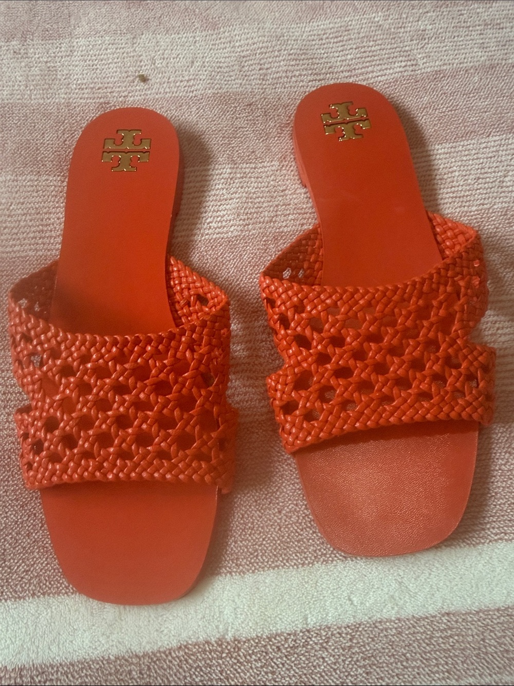 Tory Burch Coral Braided Slide Sandals with Gold Logo Accent
